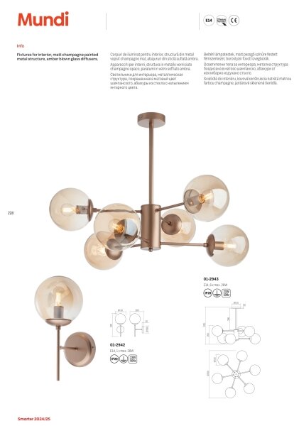 Redo 01-2942 - Nástěnná lampa MUNDI 1xE14/28W/230V měď/kouřová