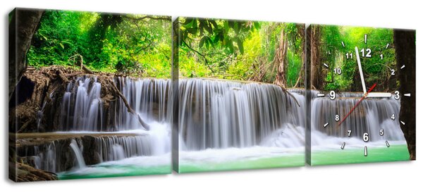Obraz s hodinami Thajsko a vodopád v Kanjanaburi - 3 dílný Rozměry: 90 x 30 cm