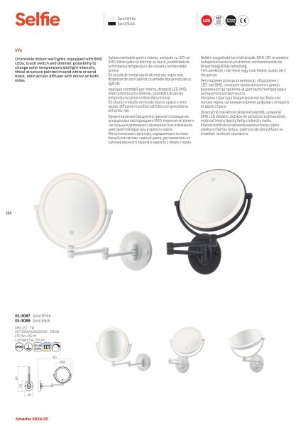 Redo 01-3087 -LED Stm kosmetické zrcátko SELFIE LED/7W/230V 3000/4000/6000K bílá