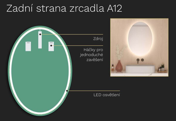 Oválné zrcadlo do koupelny s LED osvětlením A12