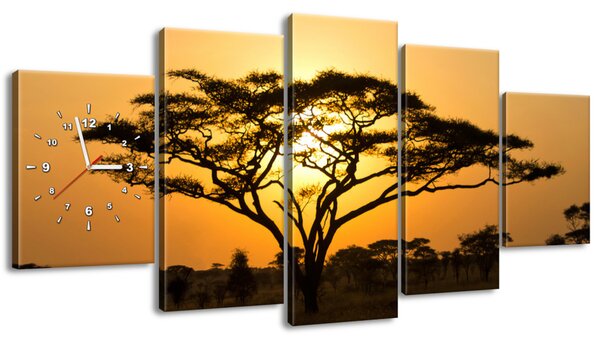 Obraz s hodinami Akácie v Serengeti - 5 dílný Rozměry: 150 x 70 cm