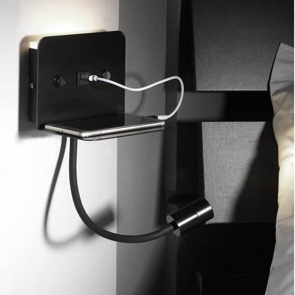 ONLI - LED Flexibilní lampička s policí a USB nabíjením PLAK LED/5W/230V černá