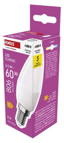 EMOS ZQ3E23 - LED žárovka Classic svíčka, E14, 4,2 W, neutrální bílá (Neutrální bílá (4000K), úsporná, E14.)