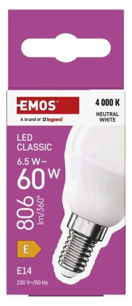 EMOS ZQ1E43 - LED žárovka Classic Mini Globe, E14, 6,5W, 4000K (LED žárovka Classic Mini Globe - Neutrální bílá )