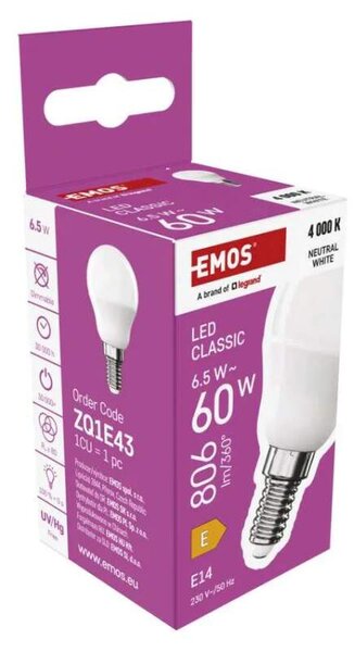 EMOS ZQ1E43 - LED žárovka Classic Mini Globe, E14, 6,5W, 4000K (LED žárovka Classic Mini Globe - Neutrální bílá )