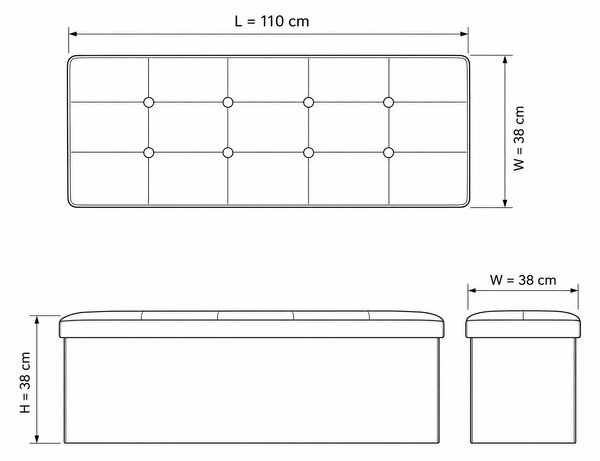 Puf s úložným prostorem obdélníkový, skládací, 110 × 38 × 38 cm, černý