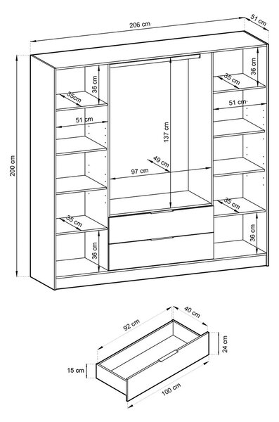 Čtyřdveřová skříň MARFA - šířka 206 cm, dub artisan / černá
