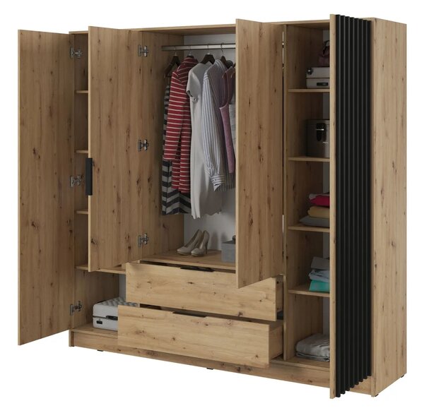 Čtyřdveřová skříň MARFA - šířka 206 cm, dub artisan / černá