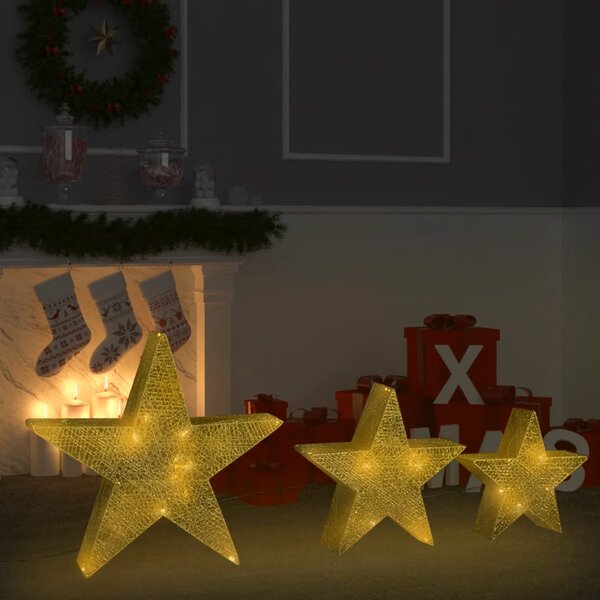 Vánoční LED hvězdy 3 ks zlatá síťovina dovnitř i ven