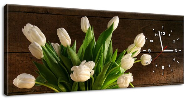 Obraz s hodinami Okouzlující bílé tulipány Rozměry: 100 x 40 cm