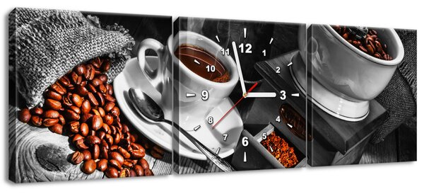 Obraz s hodinami Káva arabica - 3 dílný Rozměry: 90 x 30 cm