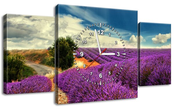 Obraz s hodinami Kouzelná levandulová země - 3 dílný Rozměry: 80 x 40 cm