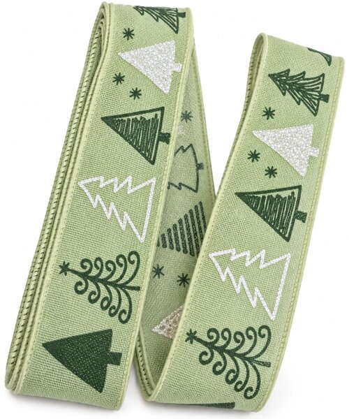 Vánoční stuha Stromky pastelově zelená 25mm x 2m (8,50 Kč/m)