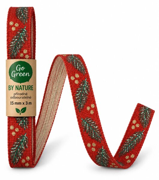 Stuha vánoční HOLLY CHARM RED červená 15mm x 3m – skládaná