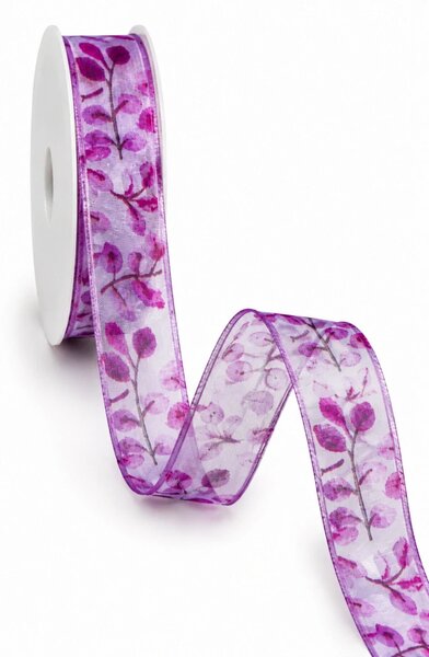 Transparentní taftová stuha VIOLET BRANCHES- s větvičkami 25mm x 4m ( 7,-Kč/m)