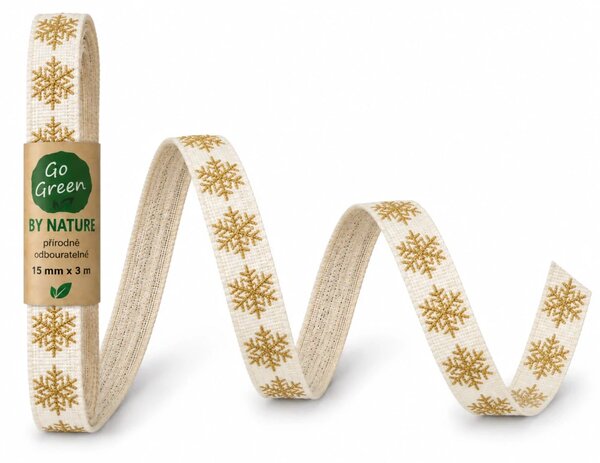Vánoční bavlněná stuha SNOW NATURE WHITE GOLD bílá se zlatými vločkami 15mm x 3m