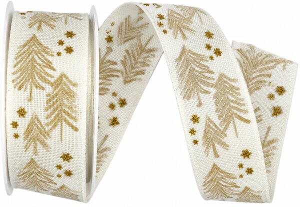 Stuha vánoční X-MAS TREES GREEN krémová 25mm x 3m (9,-Kč/m)