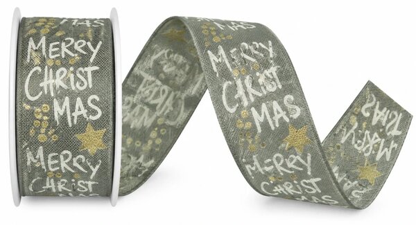 Vánoční stuha látková MERRY CHRISTMAS stříbrná 40mm x 2m (9,-Kč/m)