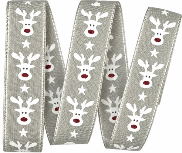 Vánoční stuha bavlněná HAPPY REINDEER pastelově šedá 25mm x 2m (8,50 Kč/m)