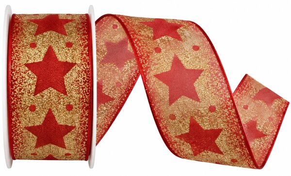 Stuha vánoční GLAMOUR STAR RED červená 40mm x 2m (14,-Kč/m)