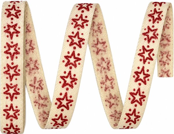 Vánoční stuha RED STAR NATUR potisk hvězdy červené 15mm x 2m (6,- Kč/m)