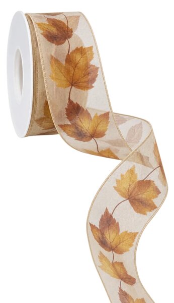 Průsvitná taftová stuha s podzimními listy 40mm x 3m (10,-Kč/m)