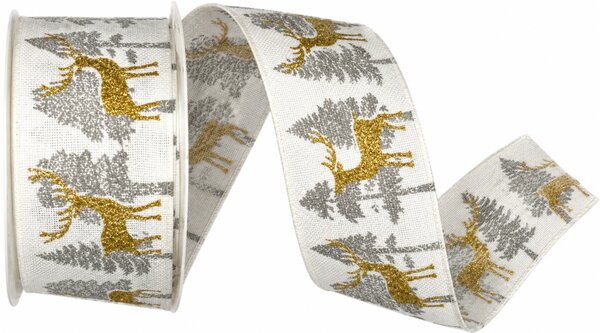 CHRISTMAS DEER WHITE – vánoční bavlněná stuha 40mm x 2m (15,-Kč/m)
