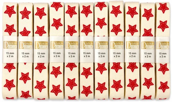 POSLEDNÍ KUSY!10x Stuha vánoční COTTON RIBBON STARS – NATURAL RED béžová 15mm x 2m (8,-Kč/ks)(4,-Kč/m)