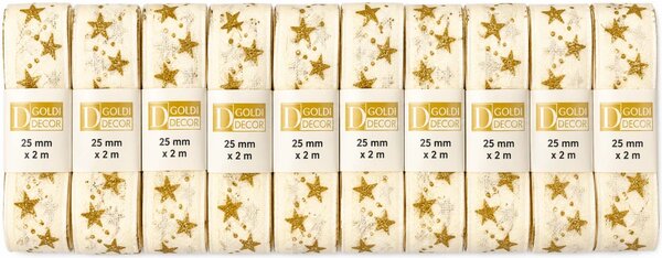 Sada 10x Vánoční stuha STAR CHAIN krémová 25mm x 2m (6,50 Kč/m) (13,-Kč/ks)