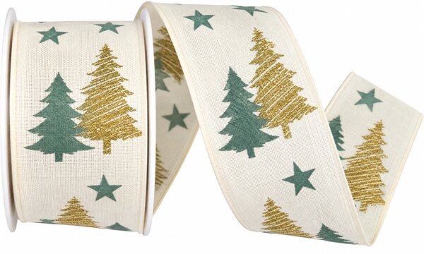 Stuha vánoční Golden Pine Glow – White bílá 40mm x 2m (14,-Kč/m)