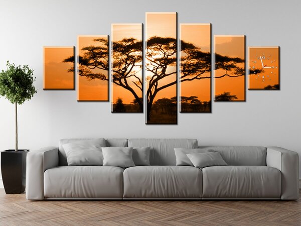 Obraz s hodinami Nádherná africká země - 7 dílný Rozměry: 160 x 70 cm
