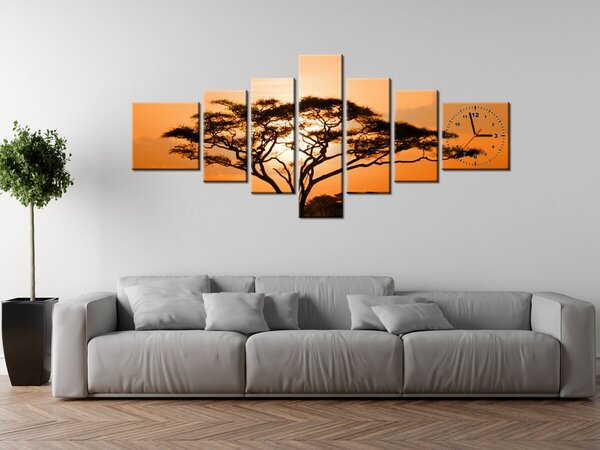 Obraz s hodinami Nádherná africká země - 7 dílný Rozměry: 160 x 70 cm