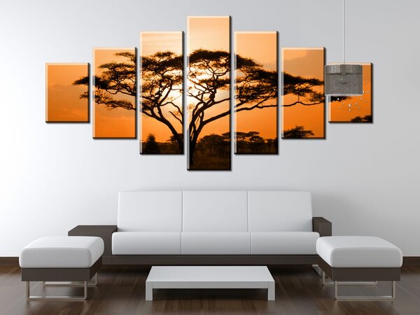 Obraz s hodinami Nádherná africká země - 7 dílný Rozměry: 160 x 70 cm