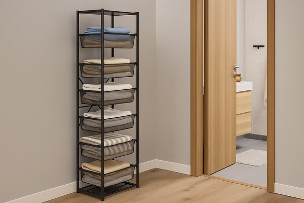 Otevřený košový regál, 6x koš s jemným sítem, TYP V, 600 x 460 x 2020 mm, černá