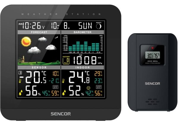Sencor - Meteostanice s barevným LCD displejem a budíkem 3xAAA + 2x AA černá