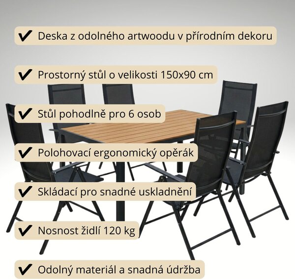 Vikio Zahradní set 150x90 pro 6 osob skládací židle V136-P přírodní