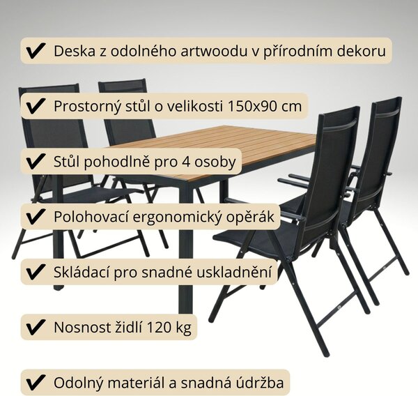 Vikio Zahradní set 150x90 pro 4 osoby skládací židle V134-P přírodní