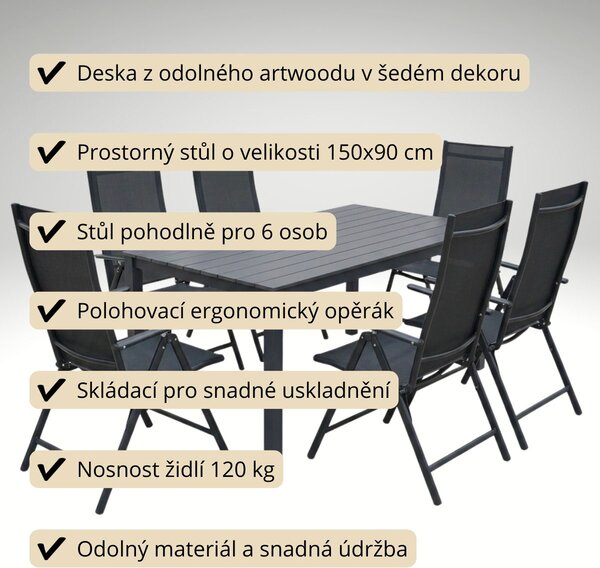 Vikio Zahradní set 150x90 pro 6 osob skládací židle V136-S šedá