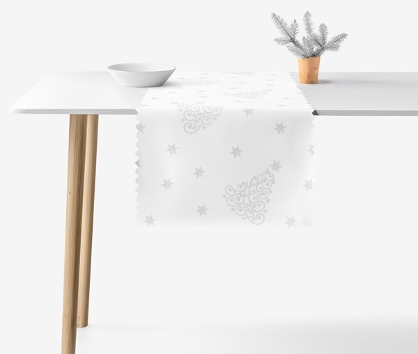 Goldea vánoční běhoun na stůl teflonový - stříbrné vánoční stromečky a hvězdičky 35x140 cm