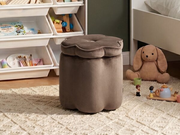 Dětský puf s úložným prostorem FLOWER Umělý samet Tmavě hnědá Květina