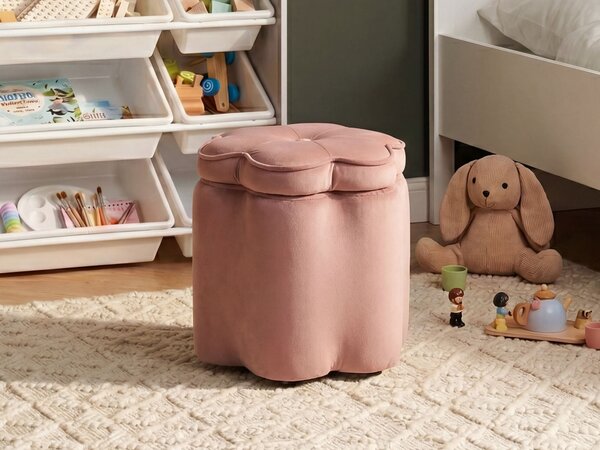 Dětský puf s úložným prostorem FLOWER Umělý samet Růžová Květina
