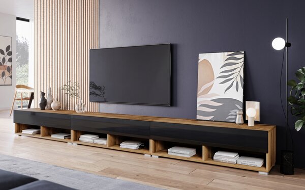 TV stolek CALIBURI 300 - dub wotan / lesklý černý