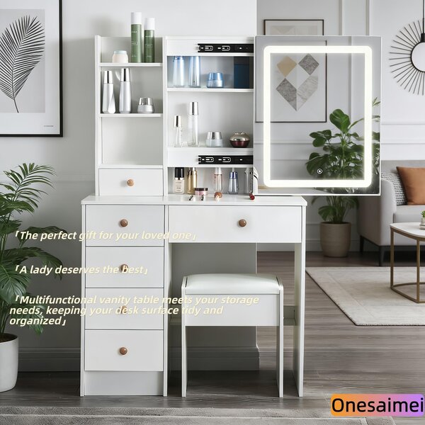 Toaletní stolek s LED zrcadlem - bílý - dřevěný - moderní - nábytek do ložnice