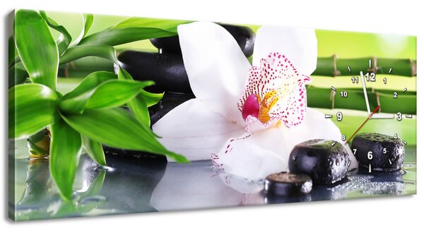 Obraz s hodinami Bílá orchidej a kameny Rozměry: 100 x 40 cm