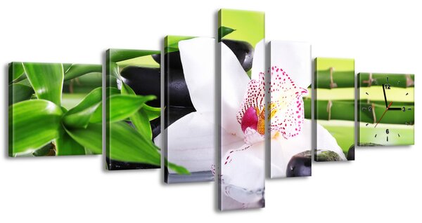 Obraz s hodinami Bílá orchidej a kameny - 7 dílný Rozměry: 160 x 70 cm