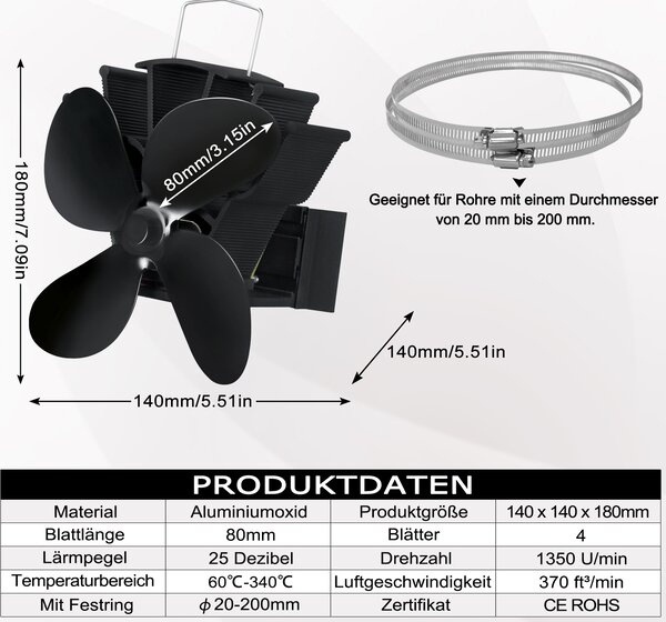 XMTECH 4 lopatky Krbový ventilátor Závěsný ventilátor na kamna Krbový ventilátor bez výkonu Ventilátor na kamna na dřevo