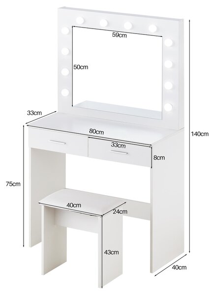 Kosmetický stolek, bílý - 2 zásuvky - 80x33x140 cm - MDF - Toaletní stolek
