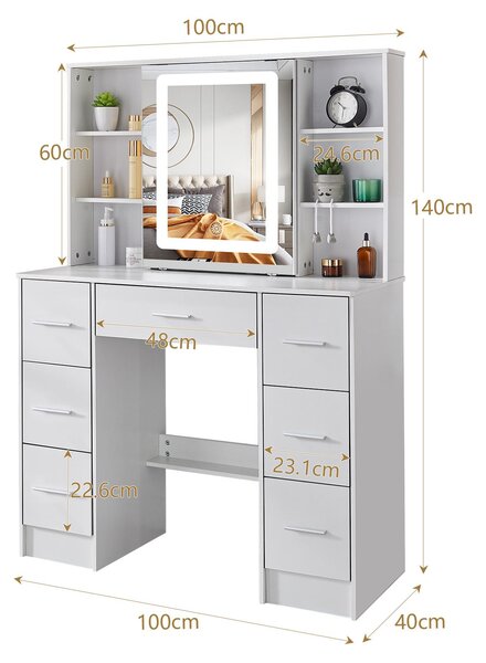Toaletní stolek s LED zrcadlem - bílý - dřevěný - moderní