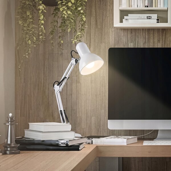 Smart LED Bílá kovová stolní lampa nastavitelná s klipem 1xE27