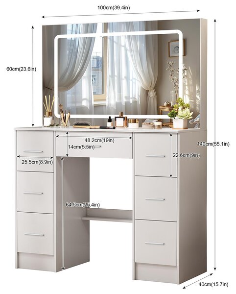 Zrcadlo s osvětlením LED, bílé barvy, s zásuvkami, s dřevěnými prvky, moderní, minimalistický design